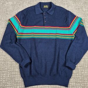 Vintage Van Cort Polo Sweater Mens M Navy Rainbow Striped Surf Sportswear 70s